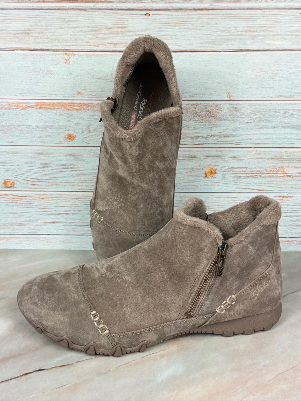 Skechers Relaxed Fit Suede Biker Ankle Boots with Side Zipper in Mushroom Brown